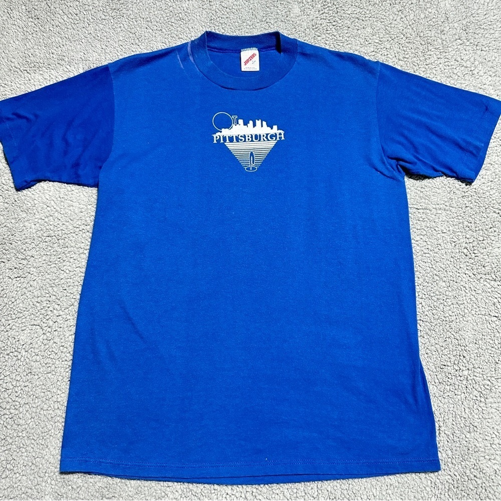 Vintage Jerzees Pittsburgh T-Shirt Size L Made in USA 80s Graphic Tee Blue Mens